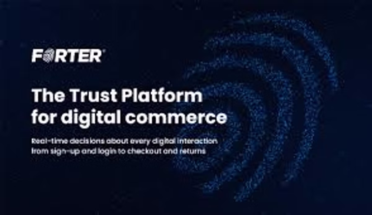 Forter brand slide reading "The Trust Platform for digital commerce", with the subline about real-time decisions on every digital interaction from sign-up and login to checkout and returns, over a dark particle swirl.