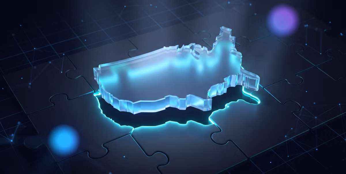 A glowing glass keystone shaped like the continental United States being lowered into a dark global lattice of territory tiles.