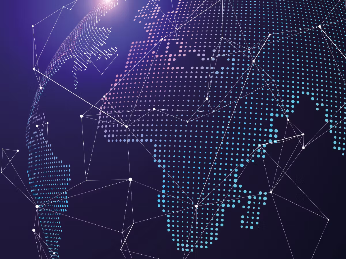 A dotted world map curving over a globe on a purple background, overlaid with a white network of lines and nodes.