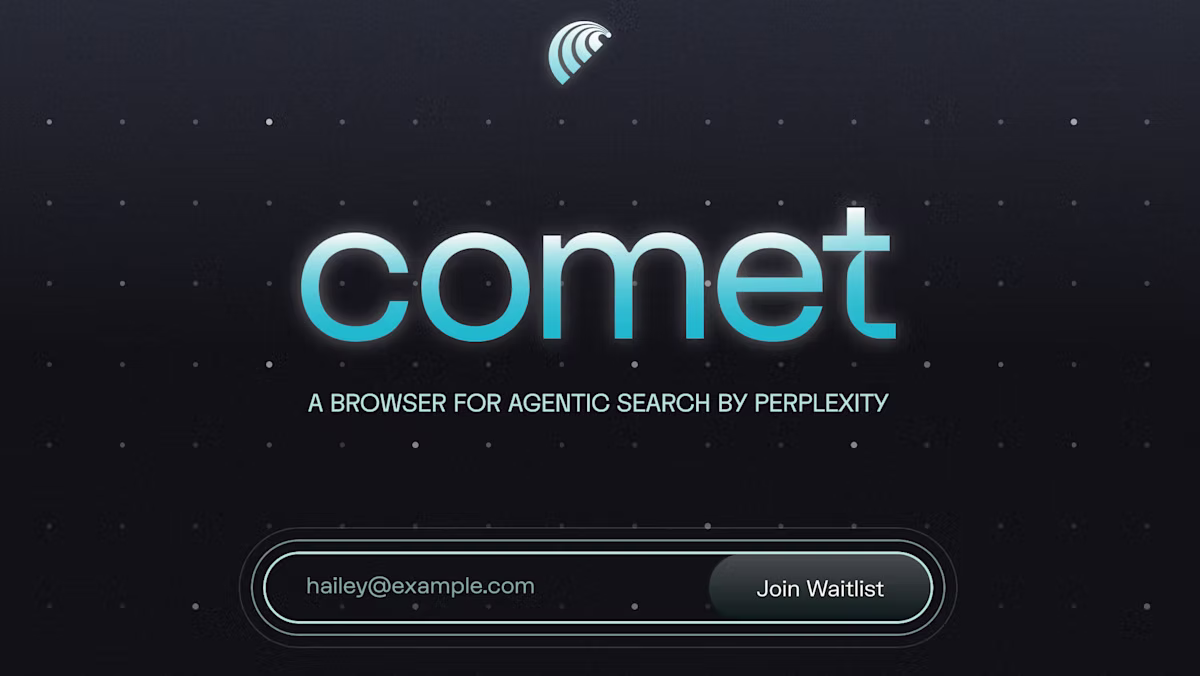 Text on dark starry background reads "comet: A browser for agentic search by Perplexity." Email field and button labeled "Join Waitlist" below.