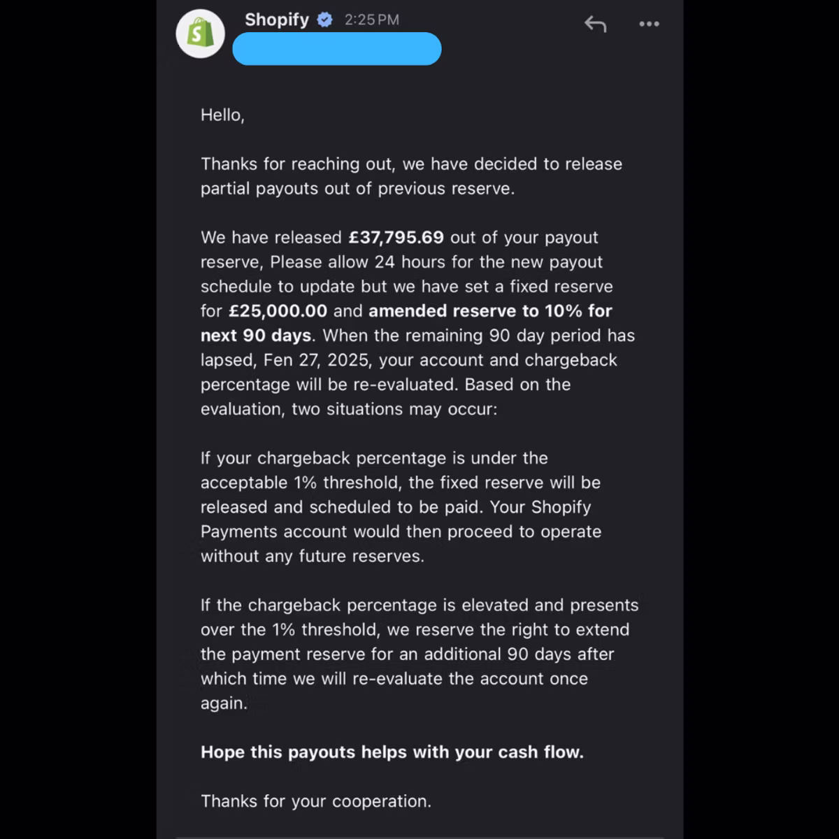 A message from Shopify confirming a partial payout release: £37,795.69 released from the payout reserve, a fixed reserve set at £25,000.00, and the reserve amended to 10% for the next 90 days, after which the account and chargeback percentage will be re-evaluated. It notes that if the chargeback percentage stays under the 1% threshold the fixed reserve will be released and the account will operate without future reserves, and that if it runs over 1% the reserve may be extended a further 90 days.