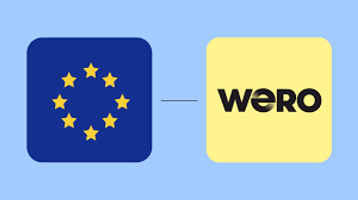 Two rounded tiles connected by a line: the European Union flag on navy, and the Wero wordmark on pale yellow.