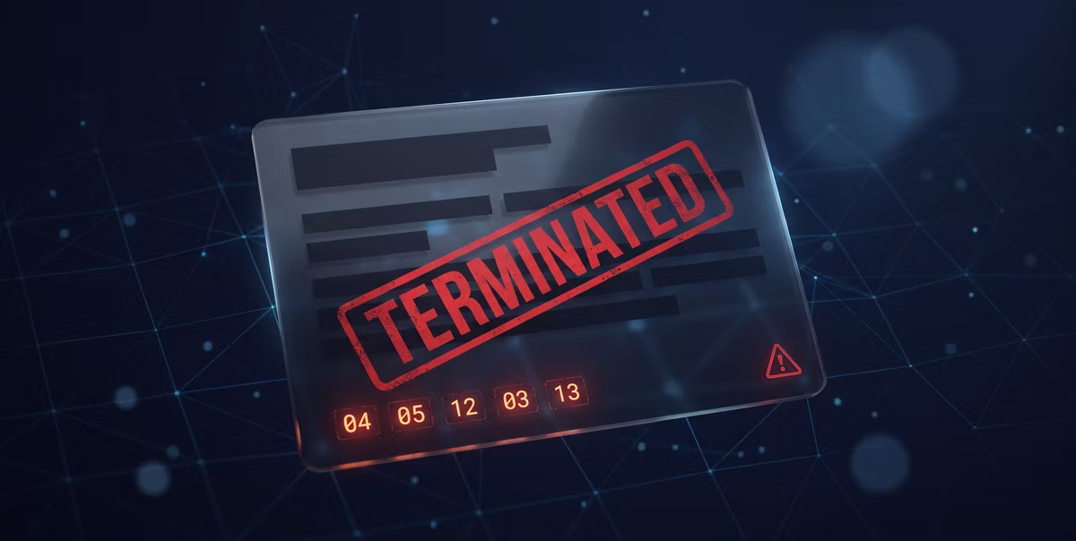 A glassy merchant case file stamped TERMINATED in red, with MATCH reason codes 04, 05, 12, 03 and 13 along the base.