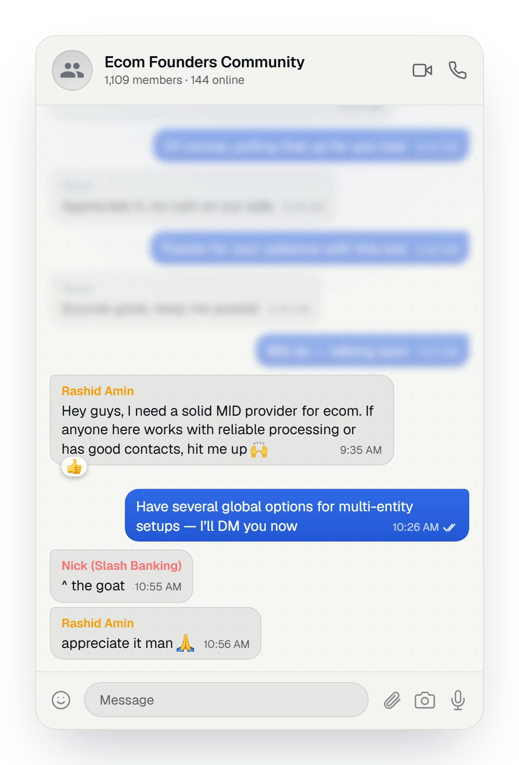 eCommerce founders community chat calling the Compaytence team "the goat"