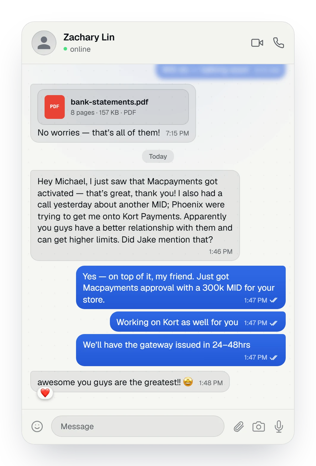 Client chat: Macpayments activated with a 300K MID, gateway issued within 48 hours