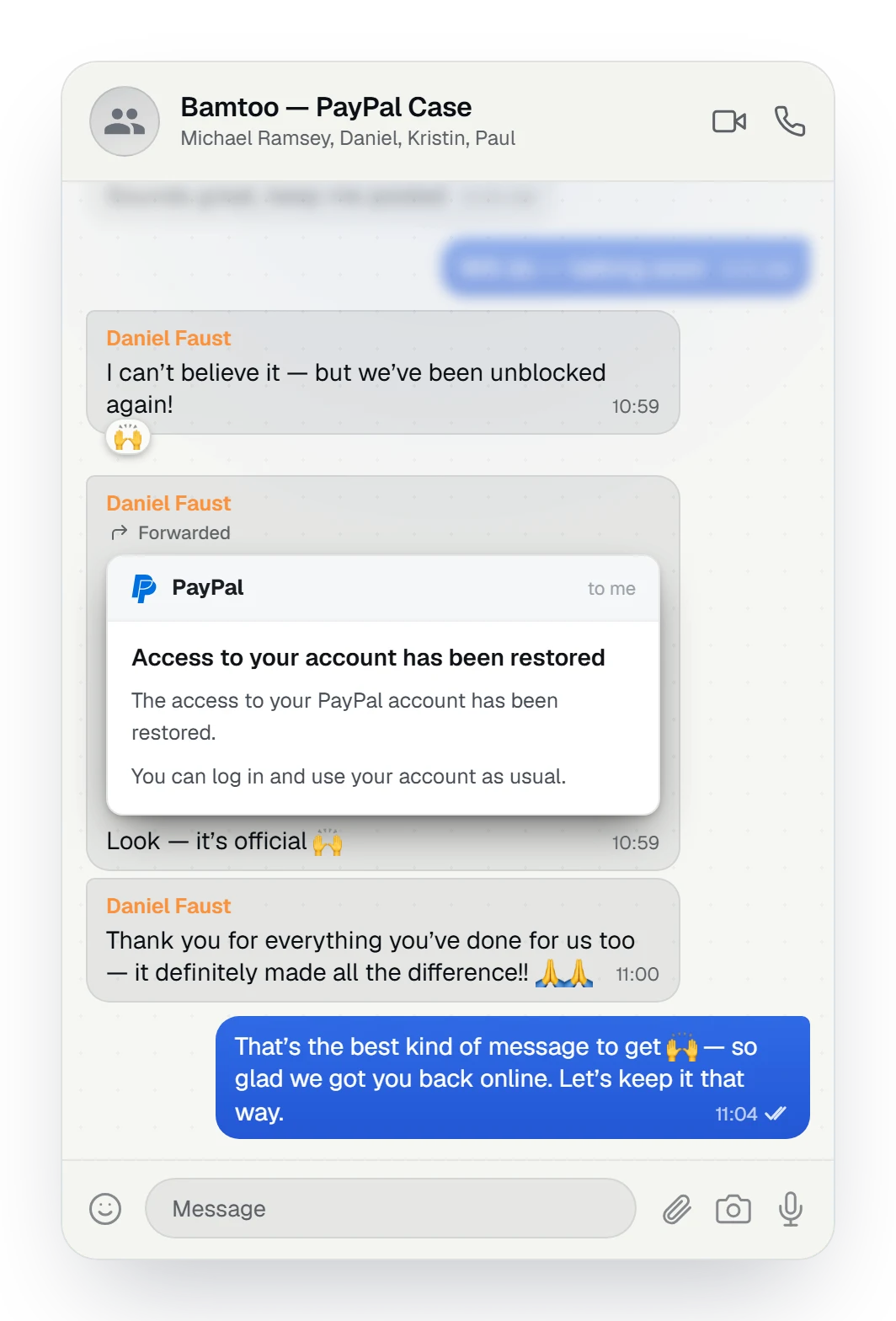 Client chat: PayPal account access restored, "we've been unblocked again"