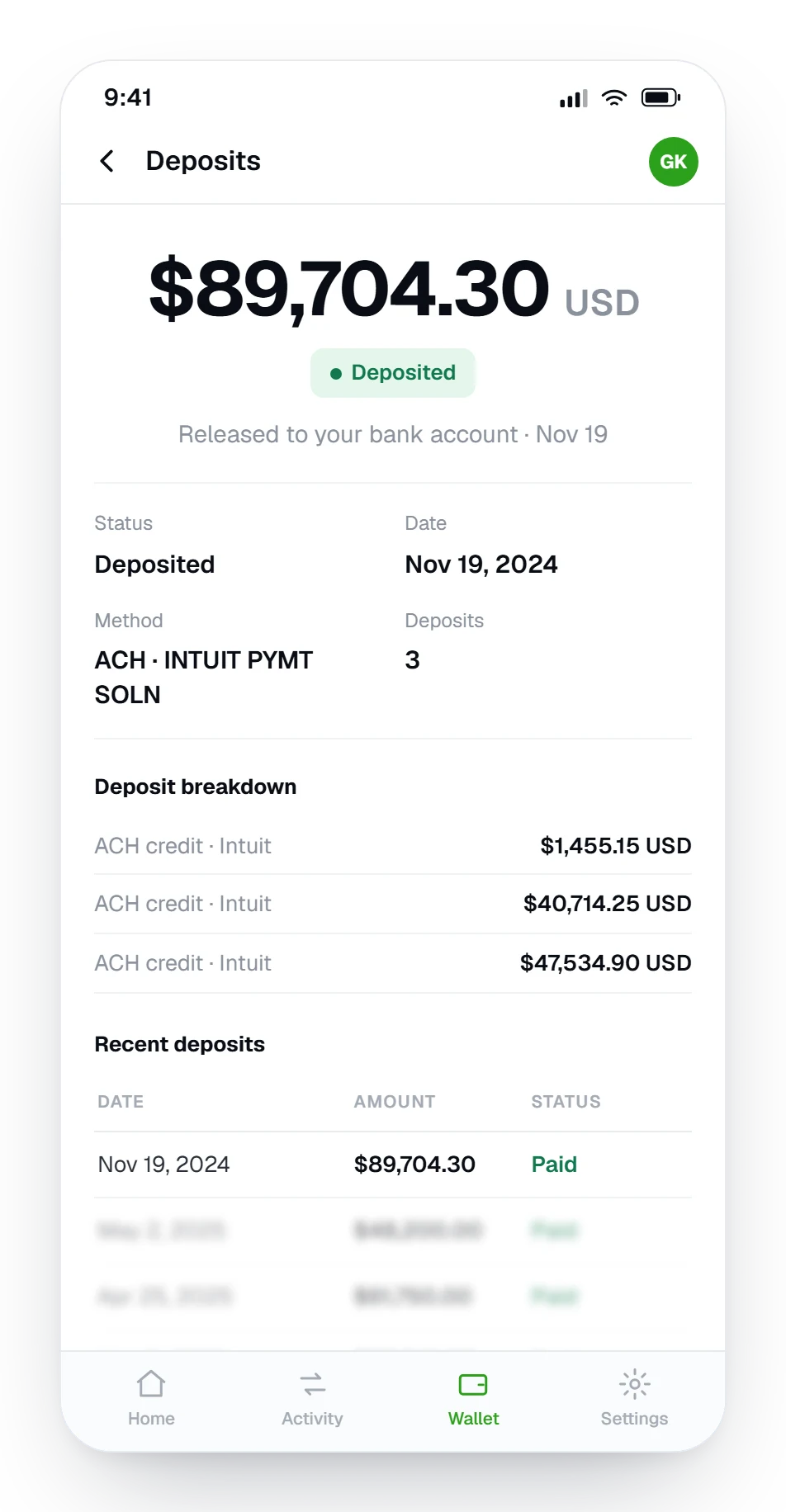 QuickBooks dashboard showing $89,704.30 in U.S. bank deposits released