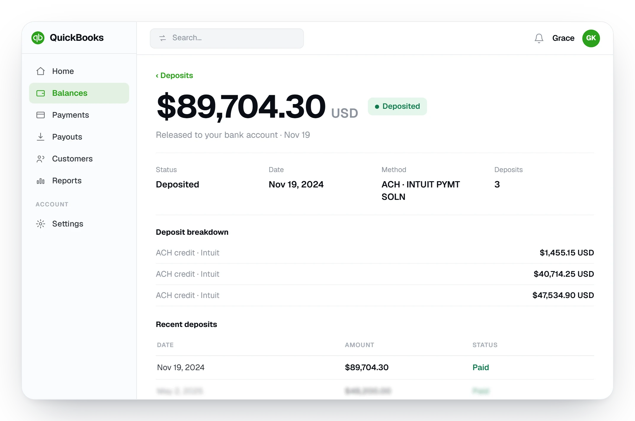 QuickBooks dashboard showing $89,704.30 in U.S. bank deposits released