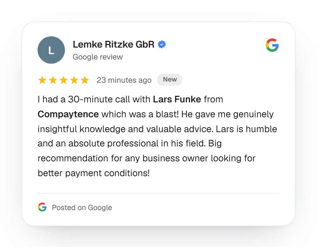 Five-star Google review: a 30-minute call with Lars Funke "was a blast"