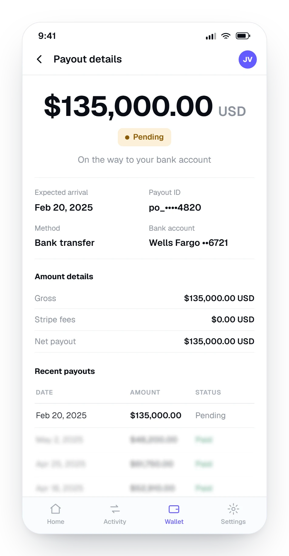 Stripe dashboard showing a $135,000 payout on the way to the bank
