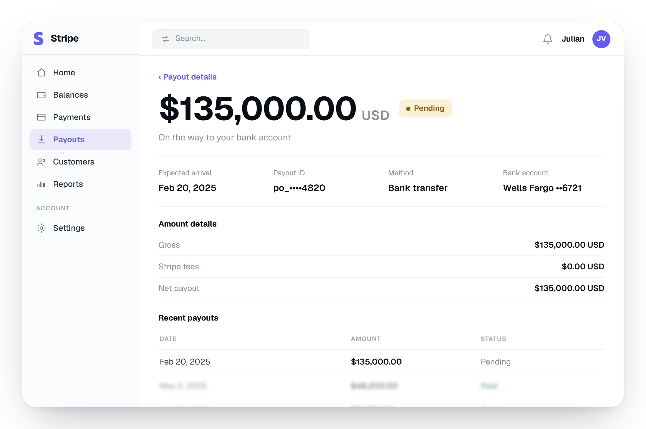 Stripe dashboard showing a $135,000 payout on the way to the bank