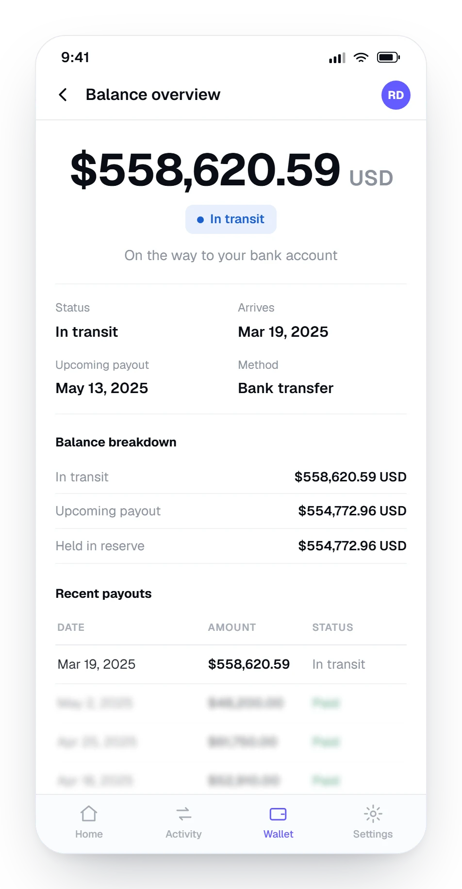 Stripe dashboard showing a $558,620.59 balance released and in transit to the bank