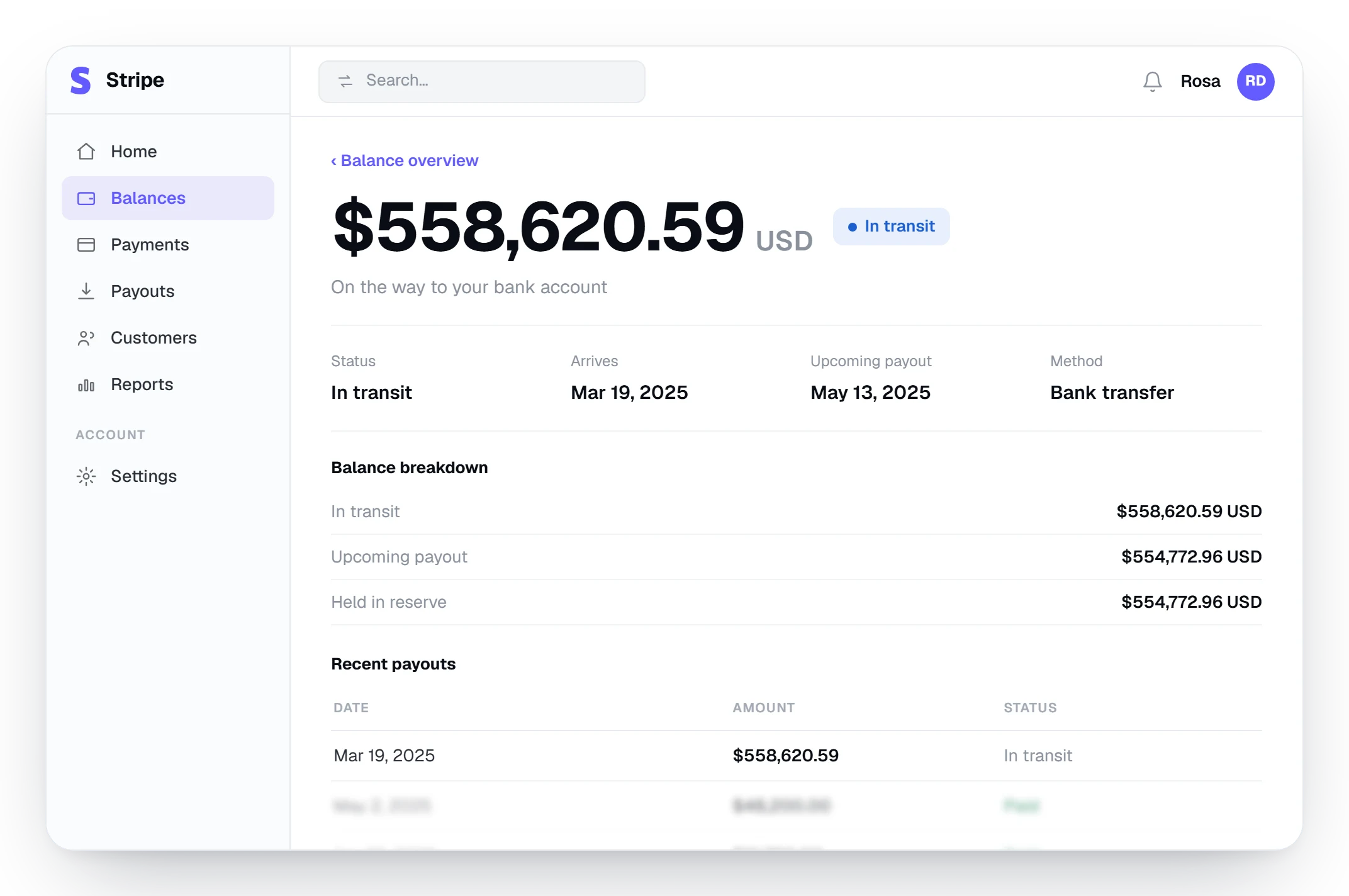Stripe dashboard showing a $558,620.59 balance released and in transit to the bank